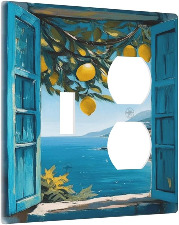 Decorative Art Light Switch Covers Seaside Window with Lemons 2 Gang Single Toggle Duplex Combination Electrical Faceplate Switchplate Wall Plate for Home Decor