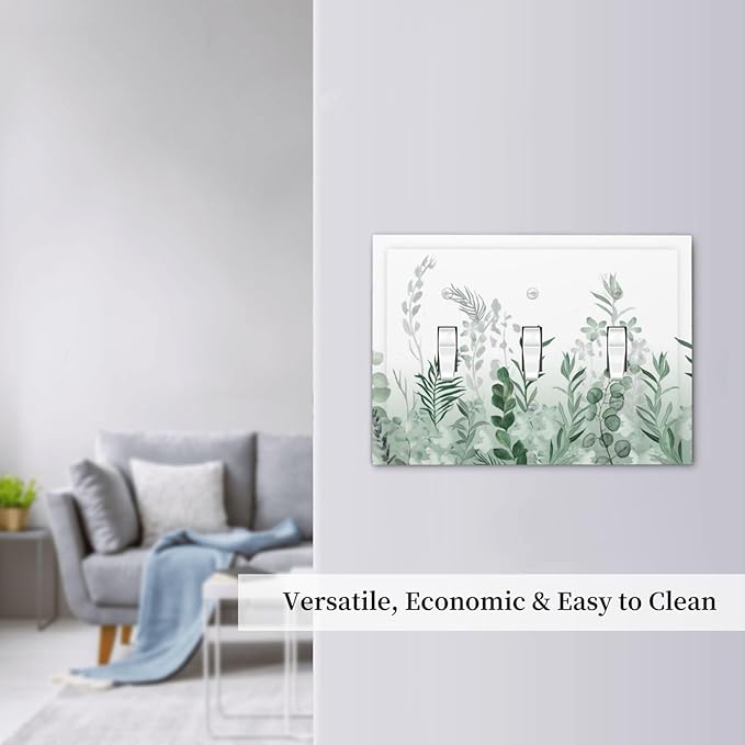 Watercolor Green Leaf Rustic Plant Eucalyptus Flowers Decorative Switch Plates 3 Gang Wall Plate Triple Toggle Light Switch Cover Faceplate Electrical Wall Panels for Bed Room Living Room Decor