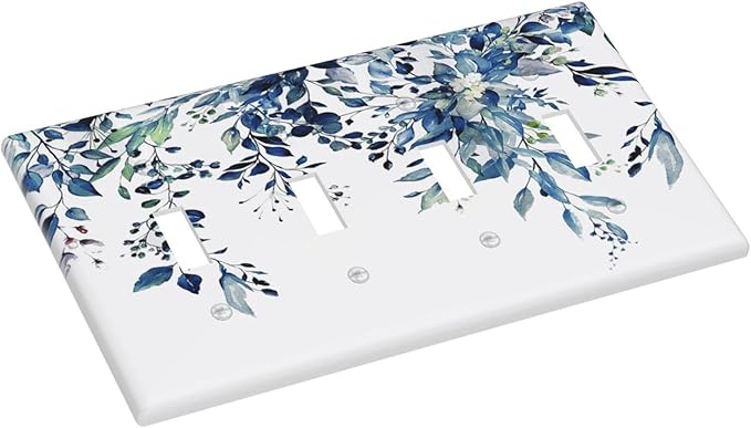 Blue Eucalyptus Watercolor Leaves Quad Toggle Light Switch Cover Decorative Green Plant 4 Gang Wall Plate Electrical Faceplate Switchplate for Kidroom Bathroom Bedroom Living Room Decor