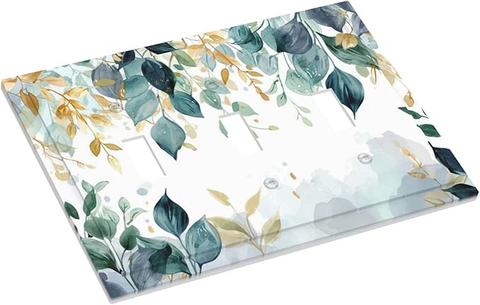 Boho Goldgreen Leaf Botanical Eucalyptus Leaves Decorative Switch Plates 3 Gang Wall Plate Triple Toggle Light Switch Cover Faceplate Electrical Wall Panels for Bedroom Living Room Decor