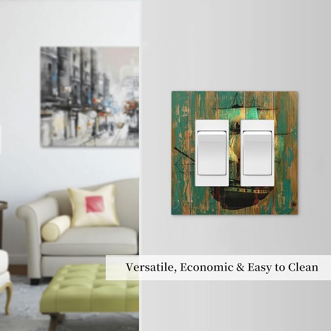 Decorative Outlet Covers Rustic Green Wood Grain Sailboat 2 Gang Double GFCI Rocker Electrical Wall Panels Light Switch Cover Plate for Farmhouse Bedroom Decor
