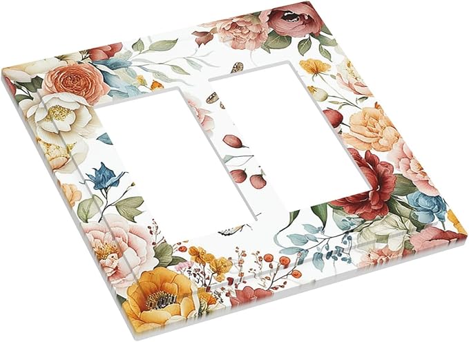 Rustic Style Colorful Peony Butterfly Dragonfly Decorative Outlet Covers 2 Gang Double Gfci Rocker Electrical Wall Panels Light Switch Cover Plate for Bedroom Living Room Decor