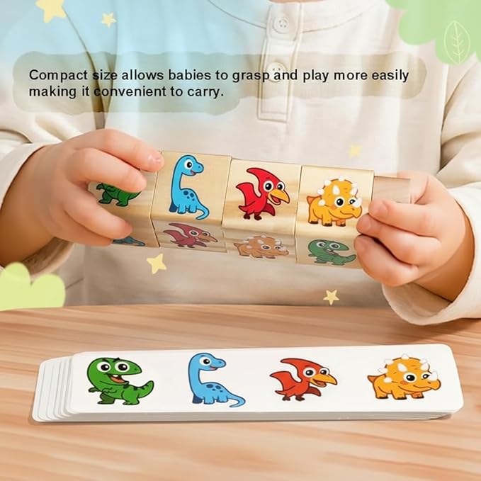 Wooden Dinosaur Matching Puzzle Game – Early Educational Toddler Rotating Block Puzzle with Cards for Hand-Eye Coordination & Fine Motor Skills Development for Age 1 2 3+