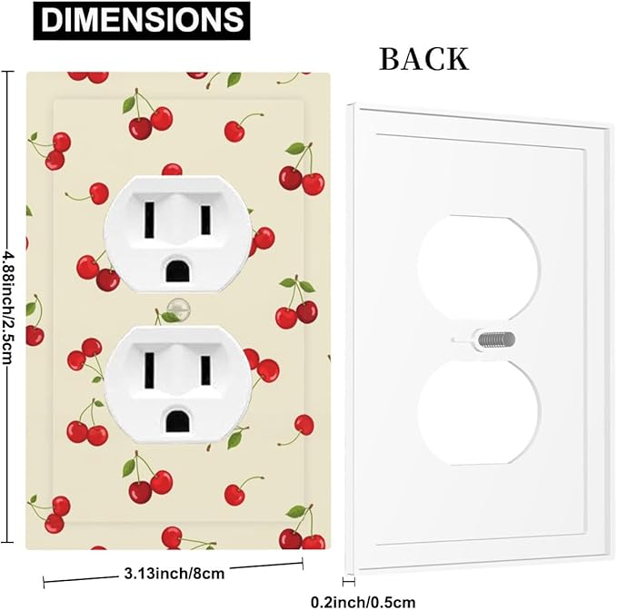 Sweet Cherry Blossom Duplex Wall Plate - 1-Gang Standard US Size Playful Cherry Duo Outlet Covers, Retro Cherry Print for Girls Room Decor