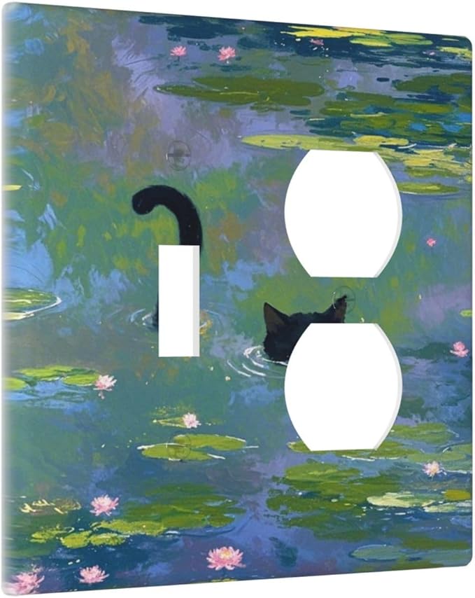 Outlet Covers Cute Black Cat Water Lily Pond Watercolor 2 Gang Decorative Switch Plates 1 Toggle Duplex Combo Light Switch Cover GFCI Socket Cover WallPlates for Kids Room Nursery Decor