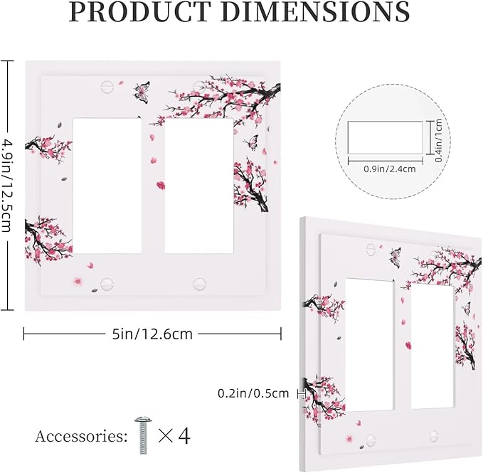 Pink Watercolor Cherry Blossom Flowe Tree Branch Floral Decorative Outlet Covers 2 Gang Double GFCI Rocker Electrical Wall Panels Light Switch Cover Plate for Bedroom Living Room Decor