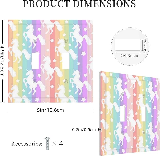 Funny Watercolor Kids Girl Bedroom Cute Colorful Rainbow Stripe Unicorn Purple Pink 2 Gang Electrical Double Toggle Outlet Light Switch Wall Plate Decorative Receptacle Face Switchplate Cover Mid Size