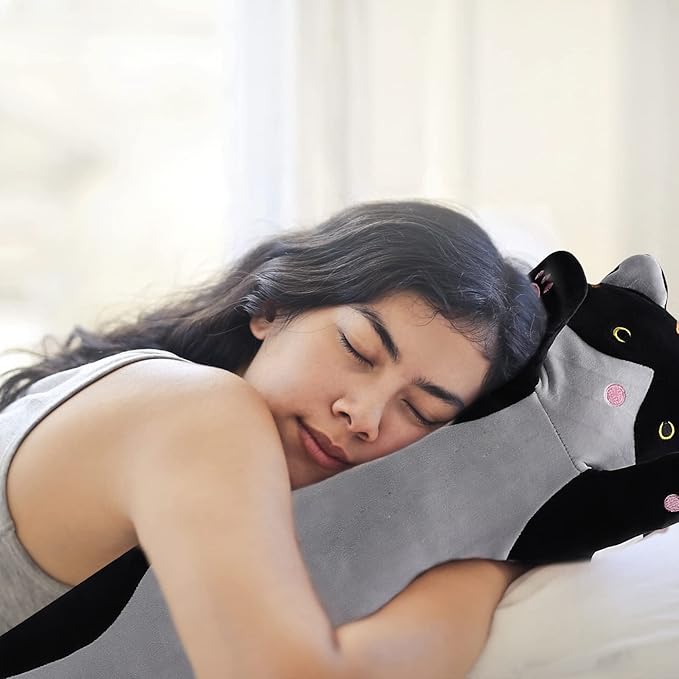 shangman Lovely Plush Cat Doll Cute Cartoon Soft Stuffed Kitten Pillow Long Throw Sleeping Pillow Doll Toy Valentines Day Gift for Kids Girlfriend (Black, 110cm/43.3in)