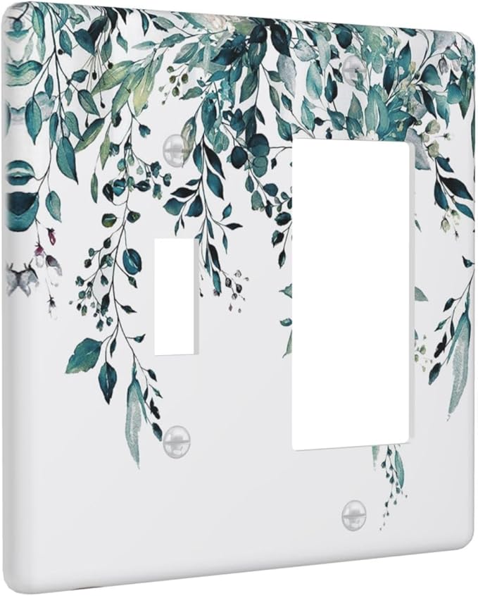 Decorative Outlet Covers Green Eucalyptus Boho Olive Leaves Country 2 Gang 1 Gang Wall Plate Single Toggle Rocker Combination Light Switch Covers Plate Jumbo Switch Plate Cover