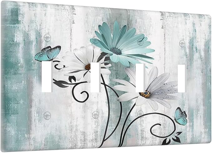Teal Daisy Vintage Flower Butterfly Rustic Wood Print Light Switch Covers Quad Toggle Electrical Faceplate 4 Gang Wall Plate Decorative Switch Plates for Farmhouse Home Decor