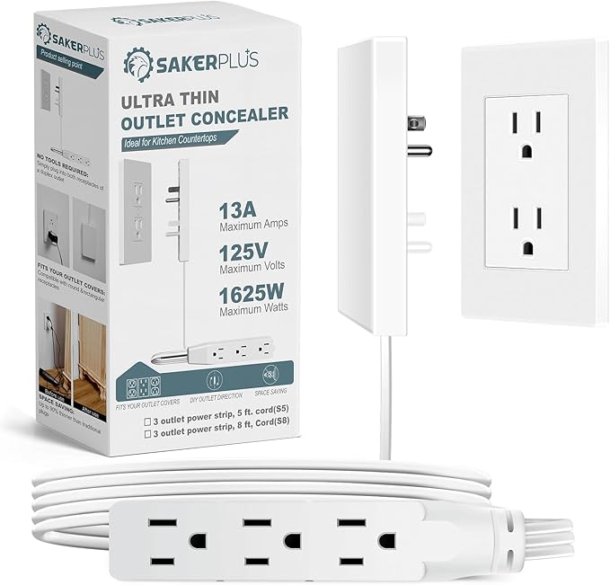 SakerPlus Outlet Concealer Power Strip-Outlet Cover Extender with 3AC Outlets-8ft Flat Plug Extension Cord,Universal Size,1625W for Kitchen, Home and Office,Child & Pet Safe(8 Foot)