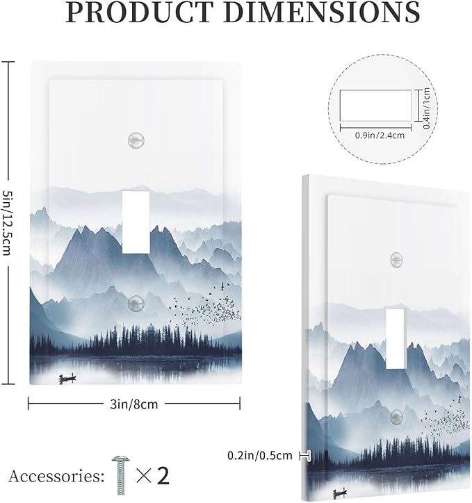 Decorative Light Switch Cover Mountain Foggy Lake Boat Grey Blue Forest Birds 1 Gang Single Toggle Decorator Outlet Wall Plate Device Electrical Faceplate Switchplates for Bedroom