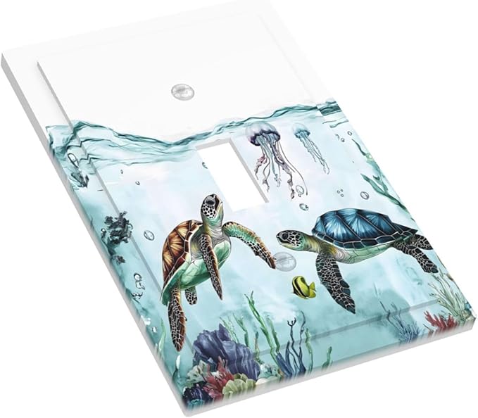 Sea Turtles Sea Coral Seaweed Ocean Jellyfish Decorative Light Switch Cover 1 Gang Single Toggle Device Electrical Faceplate Switchplates Decorator Outlet Wall Plate for Kids Room Bathroom Decor
