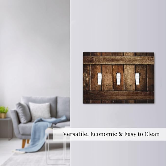Brown Wooden Barn Door Old Wood Print Decorative Switch Plates 3 Gang Wall Plate Triple Toggle Light Switch Cover Faceplate Electrical Wall Panels for Farmhouse Home Decor