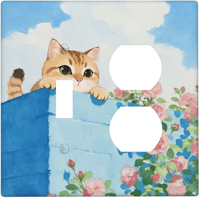 Cat Flower Single Toggle Duplex Combo Outlet Wall Plate Decorative 2 Gang Light Switch Covers Electrical Switchplate Home Decorate Faceplat for Bathroom Bedroom Kitchen Room 4.5 x 4.5 Inch