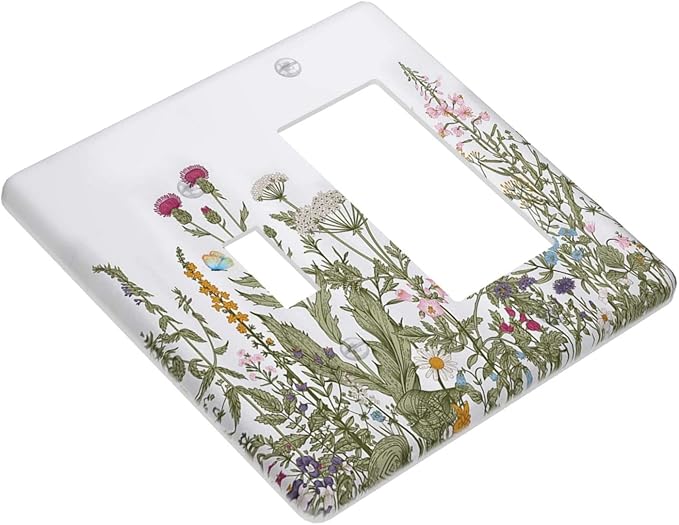 Rustic Wild Floral Vintage Teal Botanical Combin Wall Plate Cover Decorative 2 Gang Toggle Rocker Light Switch Cover for Bathroom Home Bedroom Art Panel Decor 4.5 X 4.5 In