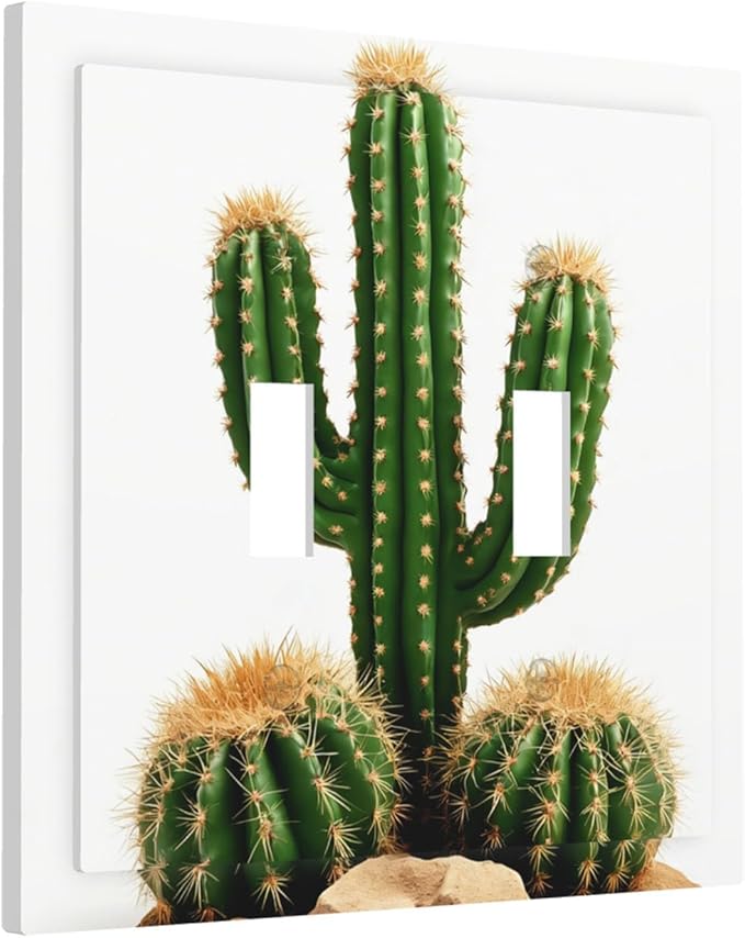 Boho Cactus Garden Double Toggle Switch Cover - 2-Gang Standard US Size Minimalist Desert Landscape Design Light Switch Covers for Bedroom Bathroom Living Room Decor