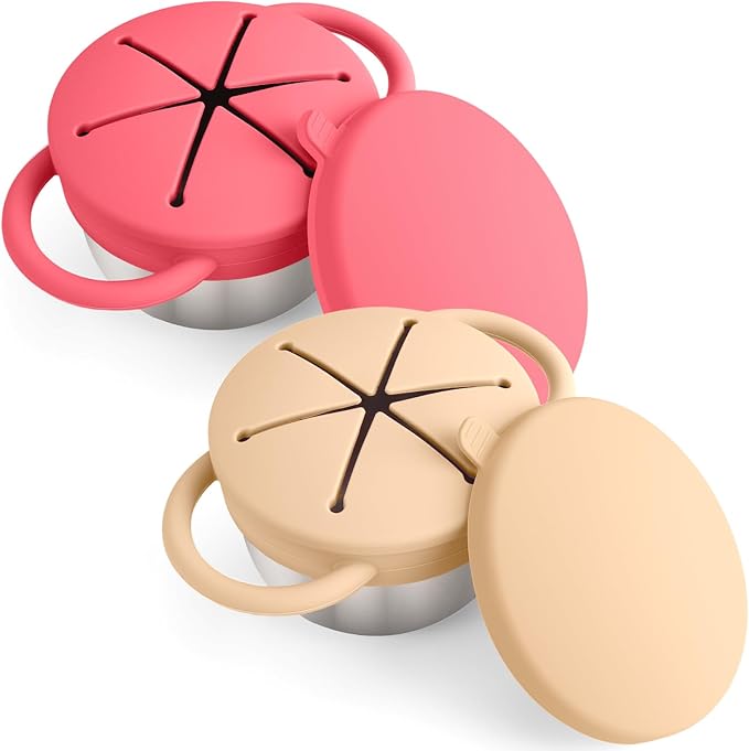Mity rain Stainless Steel Snack Containers for Toddlers with Spill-Proof Silicone Lids Handles - 3-in-1 Baby Snack Cups, No-Spill Toddler Snack Box (Yellow+Red, Two piece set)