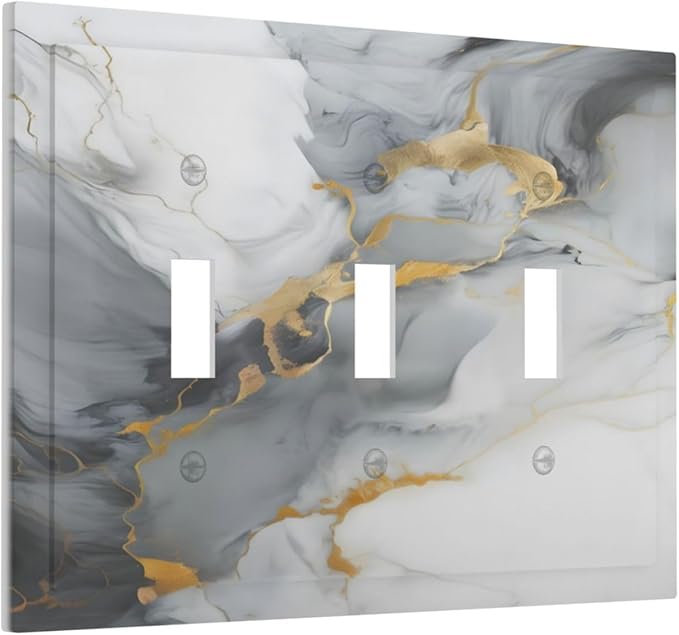 Gold Marble Grey Art Abstract Luxury Print Decorative Switch Plates 3 Gang Wall Plate Triple Toggle Light Switch Cover Faceplate Electrical Wall Panels for Kitchen Bathroom Decor
