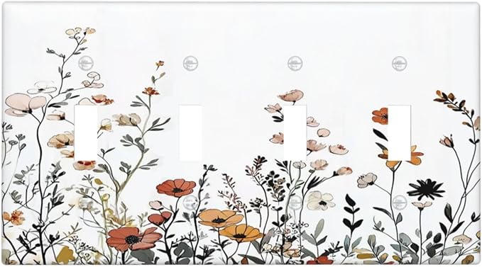 Light Switch Covers Vintage Wildflower Colorful Plants Floral Quad Toggle Electrical Faceplate 4 Gang Wall Plate Decorative Switch Plates For Bed Room Living Room Decor