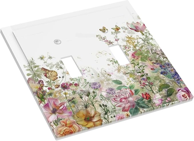 Decorative Switch Plates Boho Wildflower Colorful Floral Butterfly 2 Gang Double Toggle Outlet Light Switch Cover Wall Plate Electrical Faceplate For Bed Room Living Room Decor