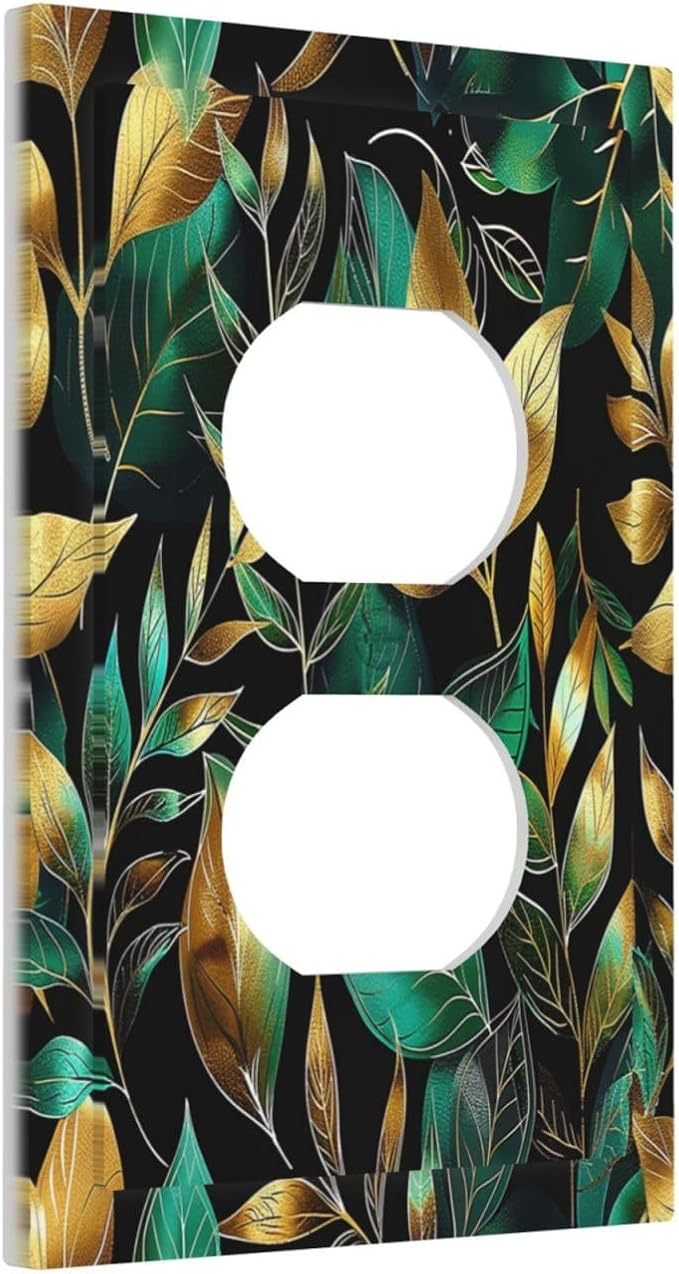 Outlet Covers Vintage Dark Green Vine Leaf Golden Plants 1 Gang Duplex Light Switch Cover Decorative Switch Plates Electrical Receptacle Faceplate Wall Plate for Bed Room Cabin Decor