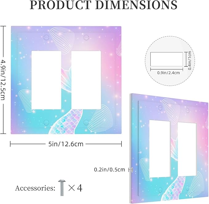 Mermaid Double Rocker Light Switch Cover Rainbow Tail Scales Jelly Fish 2 Gang Outlet Covers Switchplates Decorative Electrical Wall Plate for Nursery Girls Boys Room Kids Room