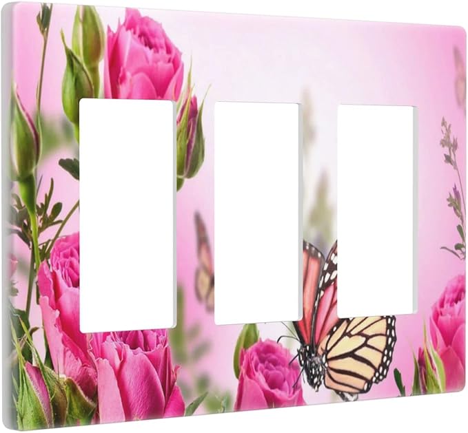 3 Gang Triple Rocker/Decor Light Switch Wall Plate Cover Decorative Butterfly Floral Pink Rose Blossom Electrical Faceplate Switchplates for Girl Spring Romance Flower Bouquet Room Decor Screwless