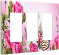 3 Gang Triple Rocker/Decor Light Switch Wall Plate Cover Decorative Butterfly Floral Pink Rose Blossom Electrical Faceplate Switchplates for Girl Spring Romance Flower Bouquet Room Decor Screwless