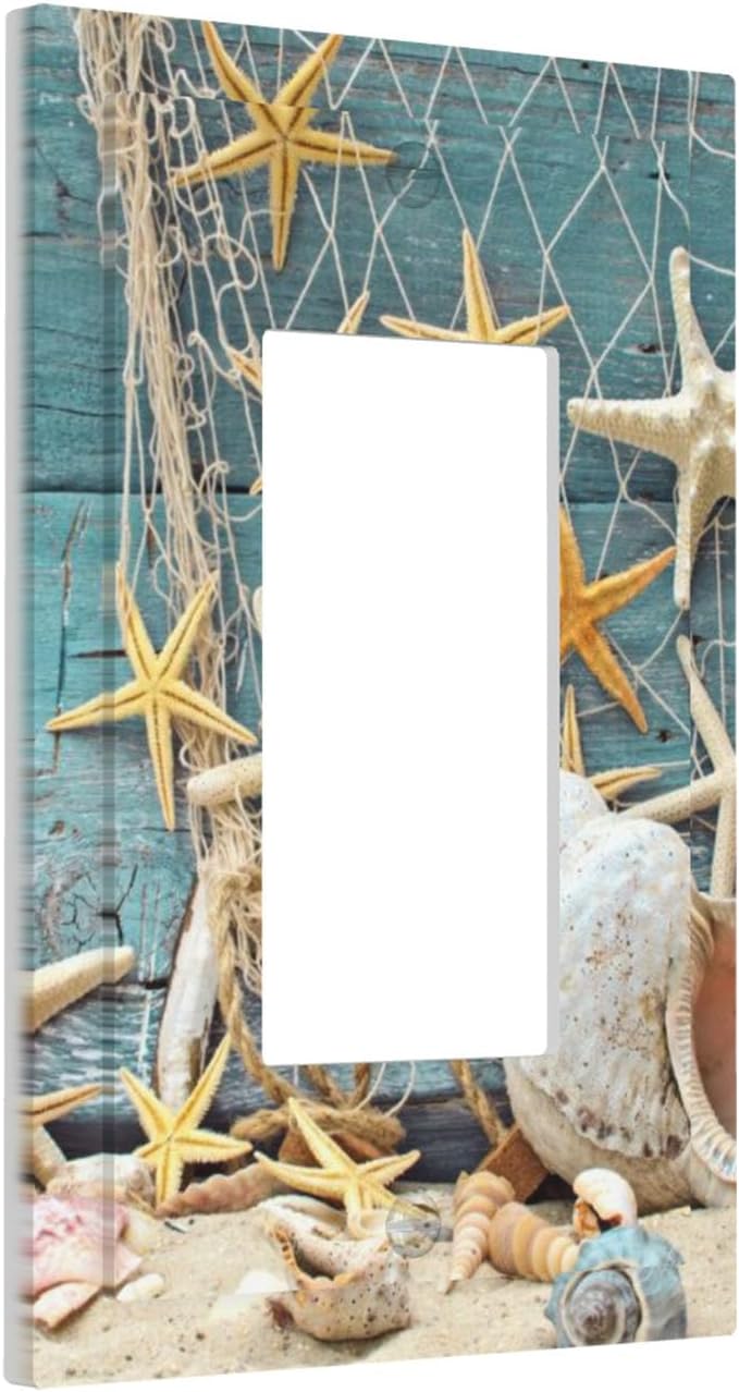 Rustic Coastal Seashell Single Rocker Switch Cover - 1-Gang Standard US Size Fisherman's Catch Beach Scene Light Switch Covers for Bathroom Decor