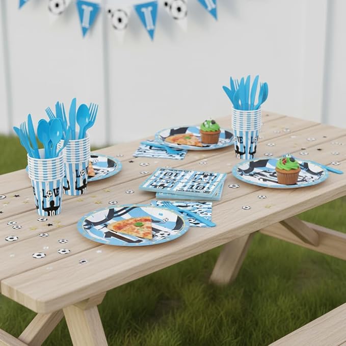 Soccer Star Party Supplies for Kids Birthday Party, Blue & White Legendary Football Star Party Decorations Disposable Tableware Set With Plates, Cups, Napkins & Cutlery for 24 Guests