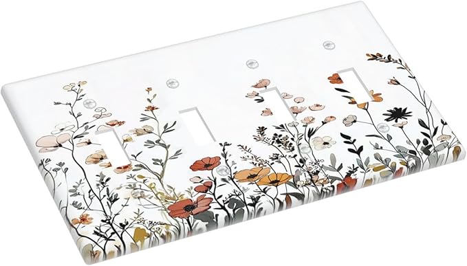 Light Switch Covers Vintage Wildflower Colorful Plants Floral Quad Toggle Electrical Faceplate 4 Gang Wall Plate Decorative Switch Plates For Bed Room Living Room Decor