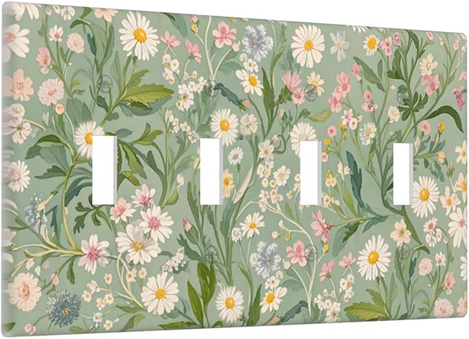 Decorative Switch Plate Cover with Vintage Wildflowers & Daisies on Light Green Background Design 4 Gang Artistic Wall Plate Unique Quad Toggle Light Switch Covers