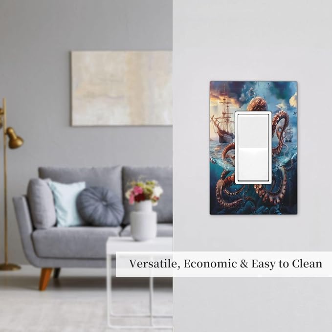 Light Switch Cover Plate Deep Ocean Octopus Sailboat Sea Monster 1 Gang Outlet Covers Single Rocker Decorative Switch plates Electrical Wall Plates GFCI Receptacle for Bathroom Bedroom Decor