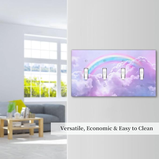 Rainbow in the Clouds Quad Toggle Wall Plates Decorative Pink Art Panel 4 Gang Light Switch Cover Purple Cloud Electrical Switchplate Faceplate Cute Dimmer for Bedroom Kidroom Nursery Decor