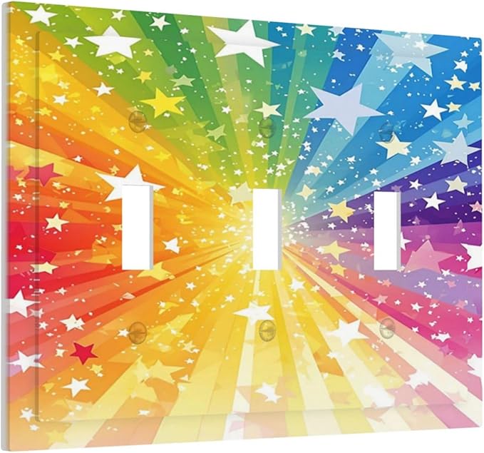 Light Switch Cover Plate Rainbowcolored Rays With White Stars 3 Gang Triple Toggle Decorative Switch Plates Wall Plates Electrical Switchplate Faceplate for Nursery Home Decor