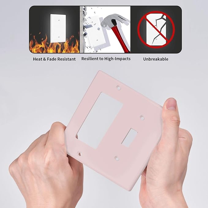 Light Pink 2 Gang Combination Light Switch Cover Decorative 1-Toggle 1-Decorator Combo Wall Plate Solid Girly Elegant Electrical GFCI Receptacle Outlet Faceplate Cover