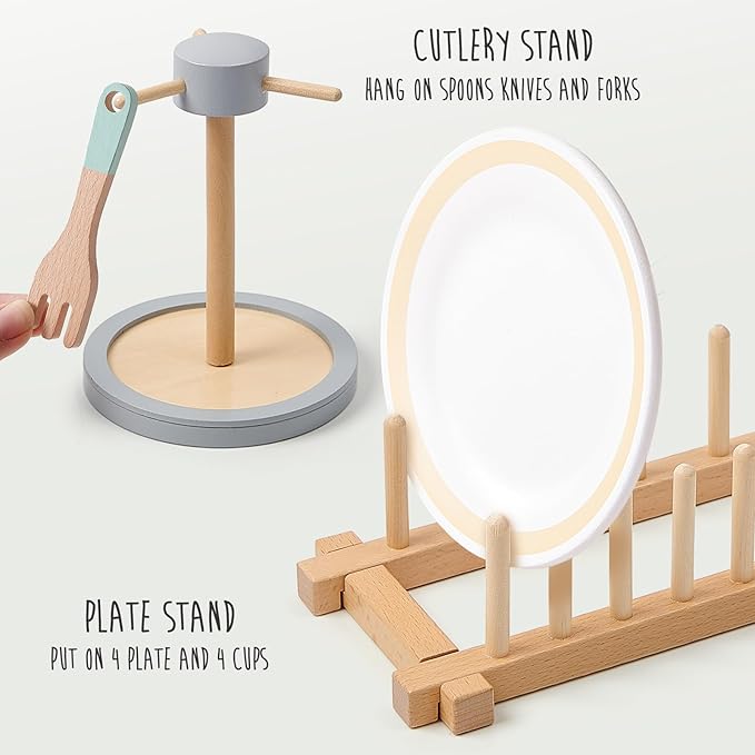 Lonico Wooden Play Kitchen Accessories Toys for Toddlers 3-5, Kids Play Kitchen with Realistic Plates & Dishes & Tableware, Montessori Pretend Christmas Birthday Gifts for 3 4 5 6 Years Girls Boys