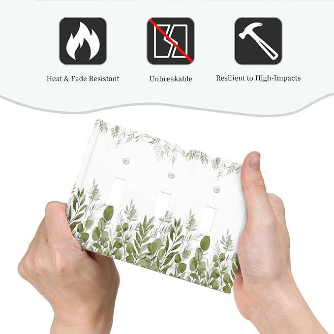 Green Eucalyptus Plant Leaves Vine Decorative Switch Plates 3 Gang Wall Plate Triple Toggle Light Switch Cover Faceplate Electrical Wall Panels for Bed Room Living Room Decor
