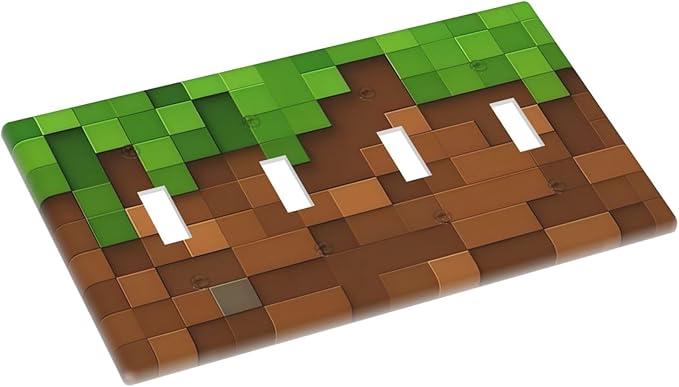 Pixel Style Gamer Themed Grass Block Light Switch Covers Quad Toggle Electrical Faceplate 4 Gang Wall Plate Decorative Switch Plates Cover for Kids Room Office Home Decor
