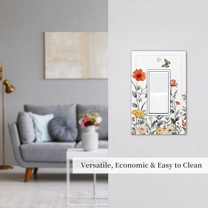 Colorful Butterfly Wild Flower 1-Gang Decorator Rocker Outlet Light Switch Cover Colored Vintage Floral Pretty Spring Garden Decorative Single Device GFCI Receptacle Switch Wall Plate Dimmer Mid Size