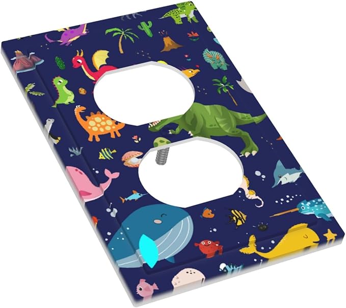 Cartoon Cool Blue/Green Dinosaur 1 Gang Duplex Wall Plate Receptacle Outlet Covers Ocean Dolphin Animal Boys Kids Girls Decorative Electrical Dual Device Light Switch Plug Socket Faceplate Cover