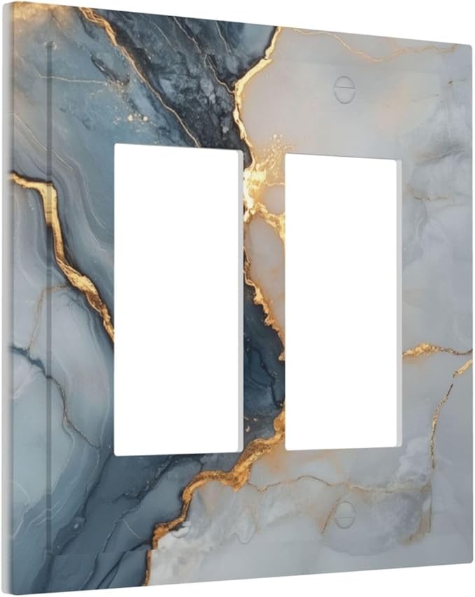 Abstract Blue Granite Luxury Texture Print Double Rocker Light Switch Cover 2 Gang Outlet Covers Switchplates Decorative Electrical Wall Plate for Country Bedroom Kitchen Living Room Decor