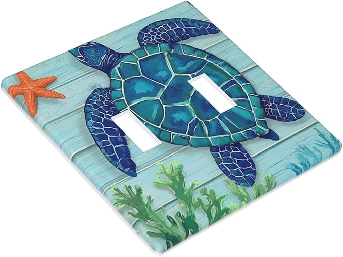 Sea Turtle Starfish 2-Gang Double Toggle Switch Plate, Ocean Marine Wall Plate for Beach House, Bathroom & Coastal Home