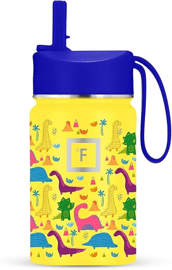 IRON °FLASK Kids Water Bottle - Straw Lid, 20 Name Stickers, Vacuum Insulated Stainless Steel, Double Walled Tumbler Travel Cup, Mug - Dino Mates, 10 Oz