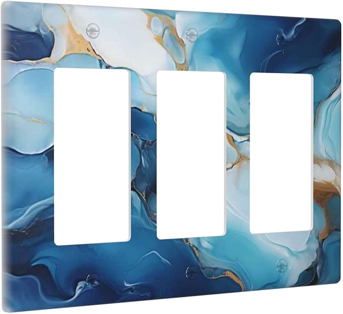 Decorative Outlet Covers Artistic Abstract Blue Marble Gold Line Painted 3 Gang Wall Plate Triple Rocker Switch Light Switch Plate Covers Jumbo Electrical GFCI Switch Cover Plate