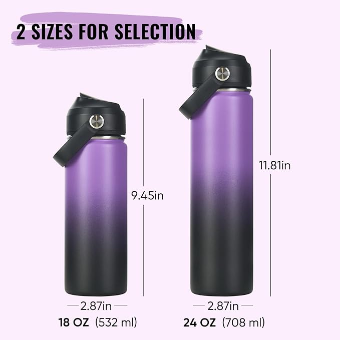 Fijinhom 24oz Insulated Stainless Steel Water Bottle, Wide Mouth Double Wall Vacuum, Silicone Straw, Sweat & Leak Proof, BPA Free Insulated Water Flask for Travel, Purple & Black