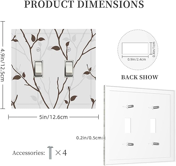 Silhouette Branches Double Toggle Switch Cover - 2-Gang Standard US Size Minimalist Twig & Leaf Light Switch Covers, Rustic Botanical Woodland for Farmhouse Home Decor