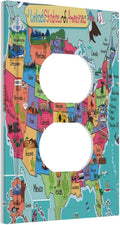 1 Gang Outlet Light Switch Covers Duplex Receptacle Device Plug Socket Wall Plate Turquoise USA Map Art Atlas Electrical Faceplate Switchplates Cartoon Fun Facts Geography American Map Room Decor