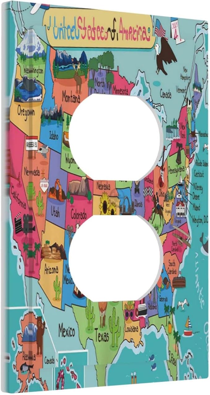 1 Gang Outlet Light Switch Covers Duplex Receptacle Device Plug Socket Wall Plate Turquoise USA Map Art Atlas Electrical Faceplate Switchplates Cartoon Fun Facts Geography American Map Room Decor